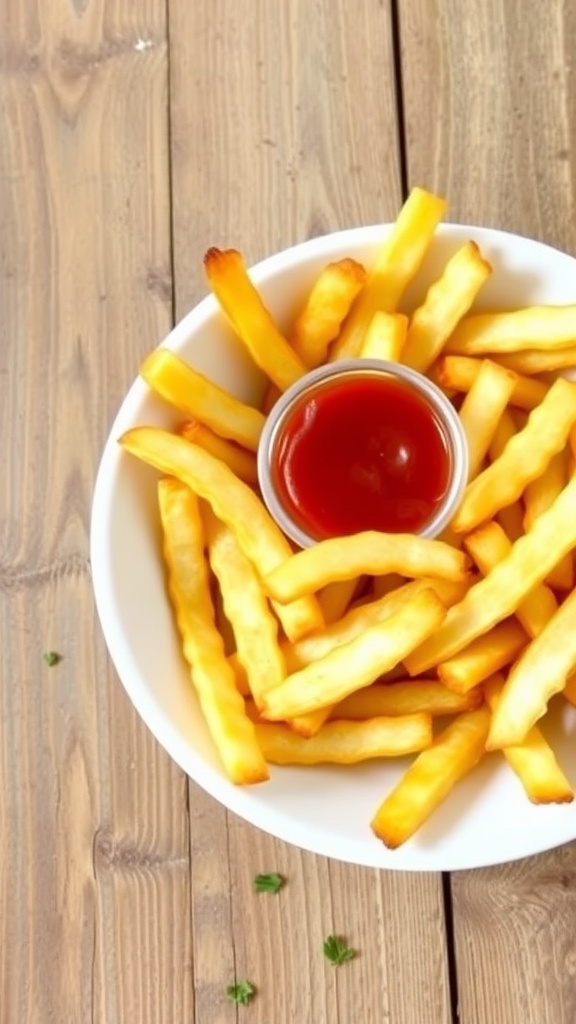Crispy Nuwave Air Fryer French Fries Recipe Crispy golden French fries from a Nuwave air fryer served with ketchup on a wooden table.